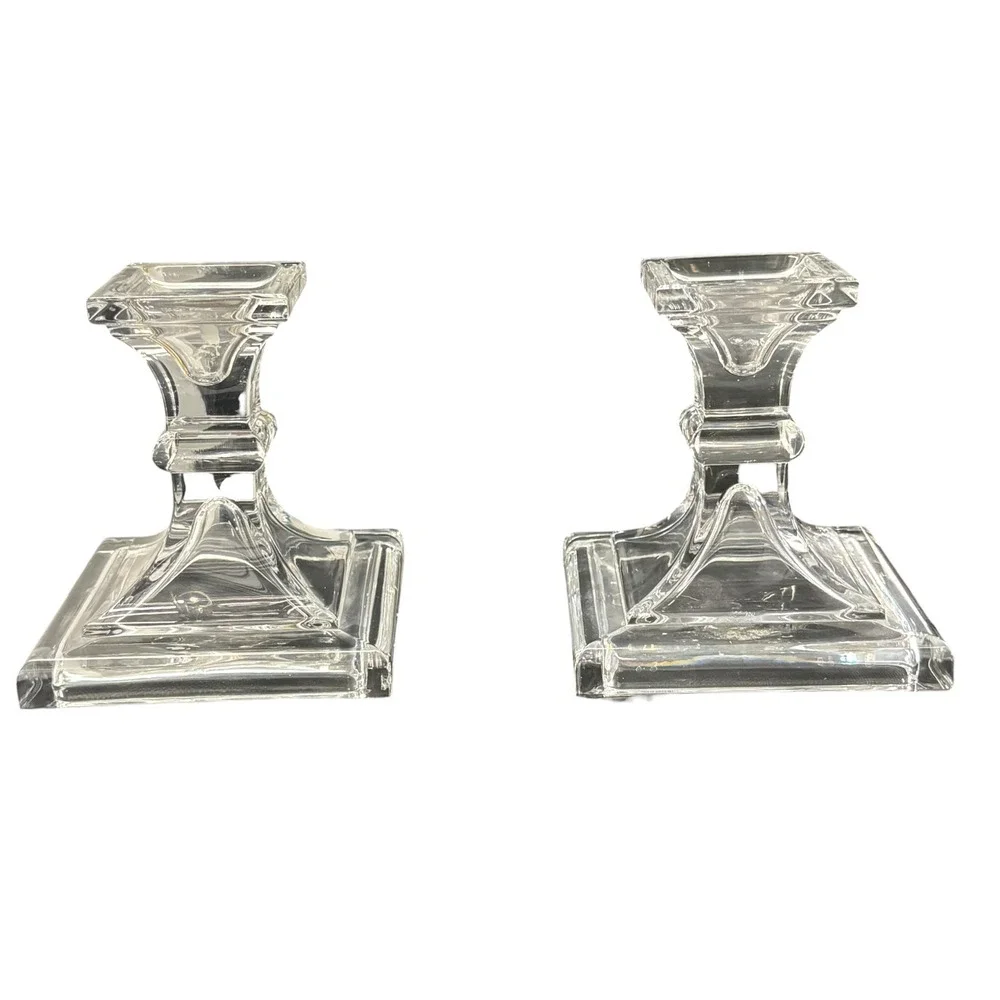 Bohemia VTG Style Clear Glass Square Base Taper Candlestick Holders Set of 2